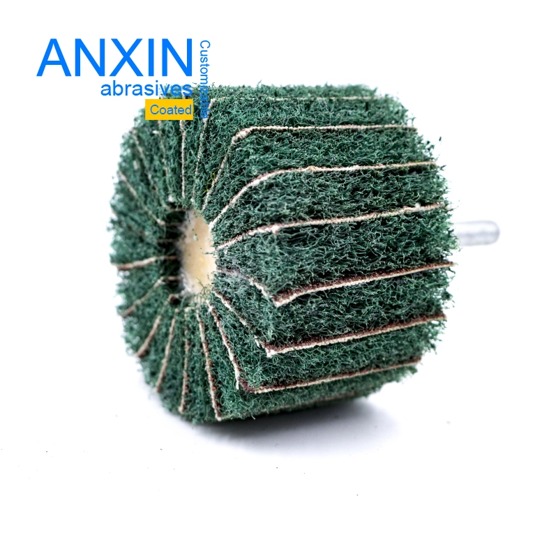 2 Inch Nylon Green Non-Woven Mounted Flap Wheel with 6mm/6.35mm Thread Shank for Light Deburring and Cleaning Irregular Shape, Pipes