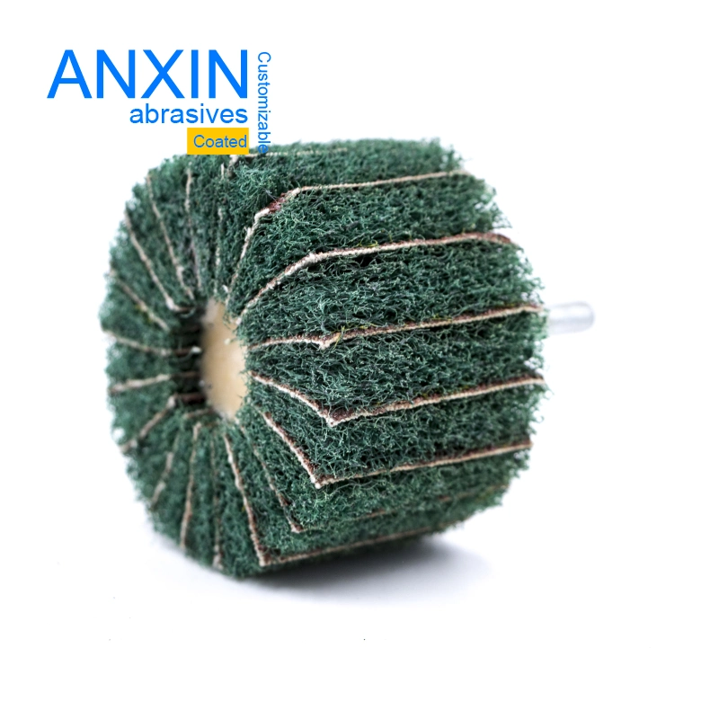 2 Inch Nylon Green Non-Woven Mounted Flap Wheel with 6mm/6.35mm Thread Shank for Light Deburring and Cleaning Irregular Shape, Pipes